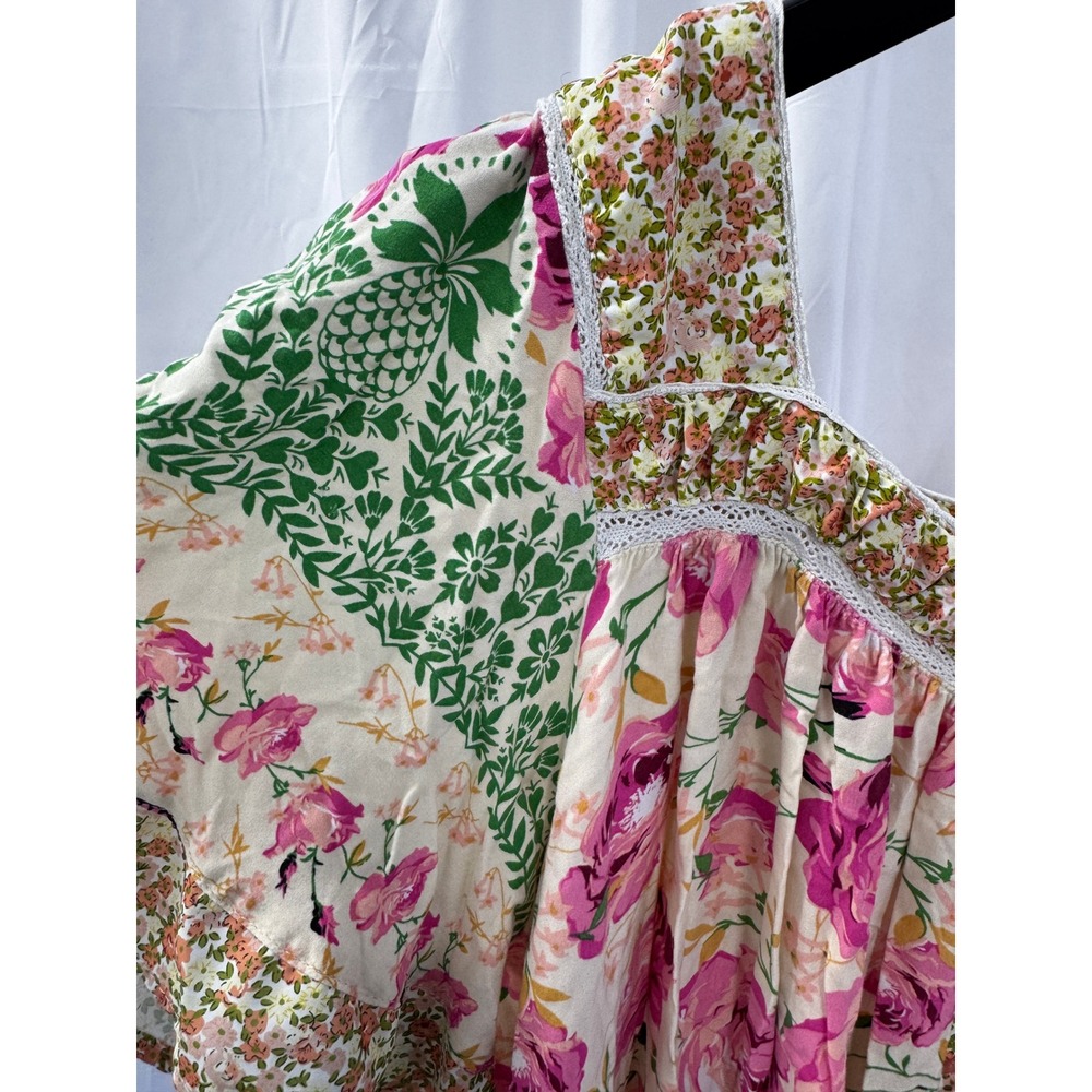 Umgee Pink Floral Patchwork Cottagecore Flutter Sleeve Short Dress Plus Sz 2XL - Picture 7 of 16